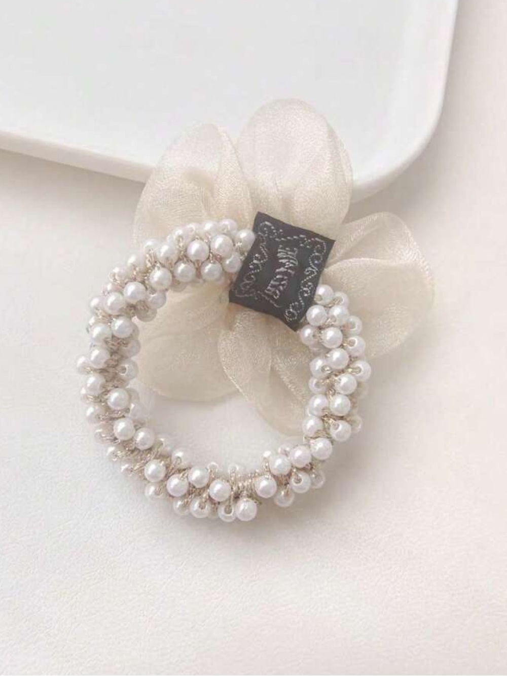 Pearl & Organza Flower hair accessories for ponytails- Cream Pearl Detail - Picture 4 of 4